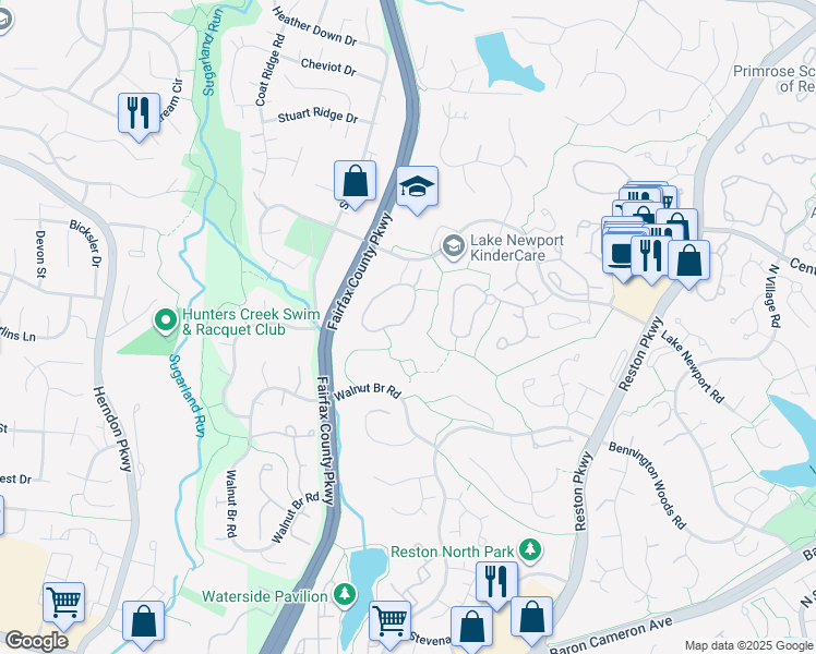map of restaurants, bars, coffee shops, grocery stores, and more near 1556 Poplar Grove Drive in Reston