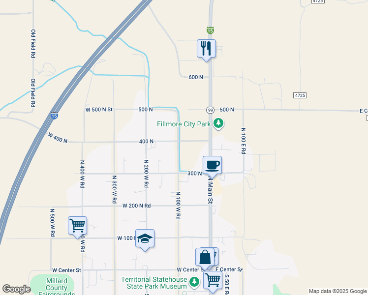 map of restaurants, bars, coffee shops, grocery stores, and more near 390 North 100 West Street in Fillmore