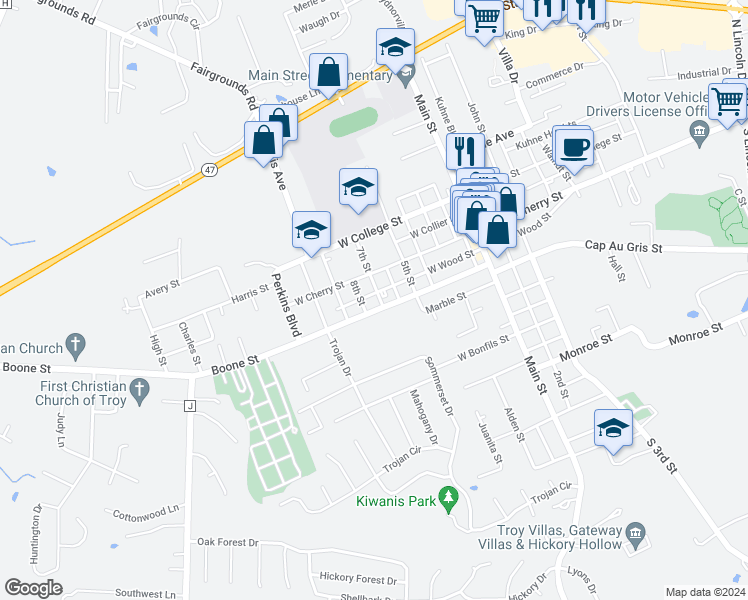 map of restaurants, bars, coffee shops, grocery stores, and more near 740 West Wood Street in Troy