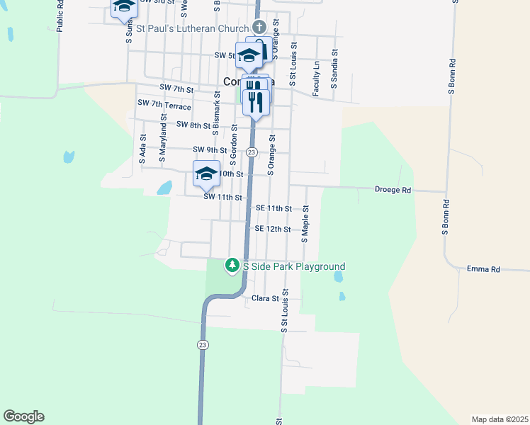 map of restaurants, bars, coffee shops, grocery stores, and more near 1017 South Orange Street in Concordia