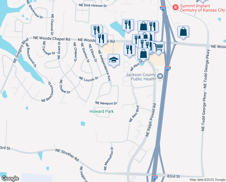 map of restaurants, bars, coffee shops, grocery stores, and more near 650 Northeast Newport Drive in Lee's Summit