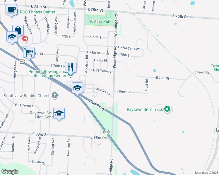 map of restaurants, bars, coffee shops, grocery stores, and more near 7915 Westridge Road in Raytown