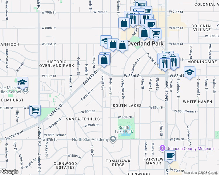 map of restaurants, bars, coffee shops, grocery stores, and more near 8333 Robinson Street in Overland Park