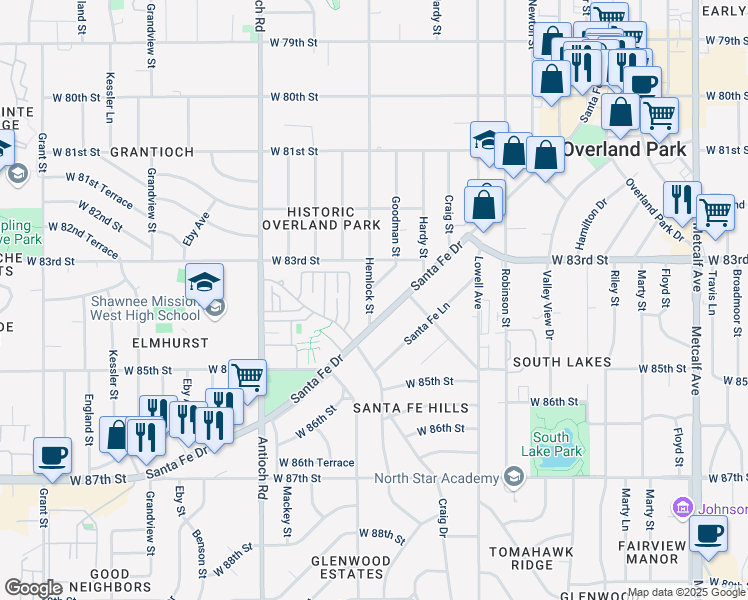 map of restaurants, bars, coffee shops, grocery stores, and more near 8337 Goodman Street in Overland Park