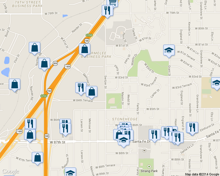 map of restaurants, bars, coffee shops, grocery stores, and more near 8321 Switzer Street in Overland Park