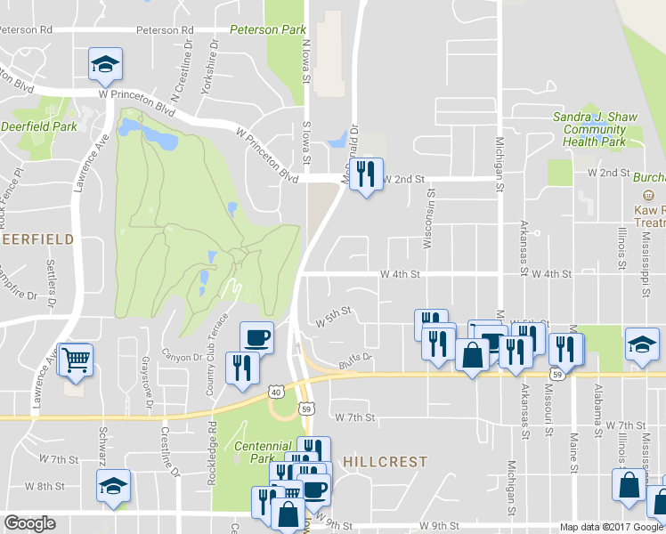 map of restaurants, bars, coffee shops, grocery stores, and more near 316 Northwood Lane in Lawrence