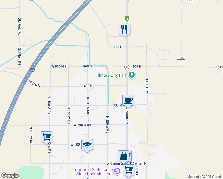 map of restaurants, bars, coffee shops, grocery stores, and more near 390 North 100 West Street in Fillmore
