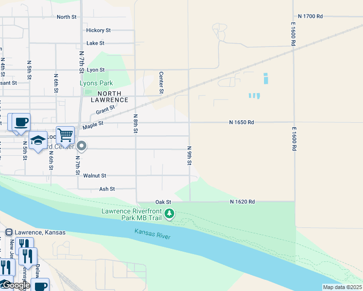 map of restaurants, bars, coffee shops, grocery stores, and more near 856 Locust Street in Lawrence