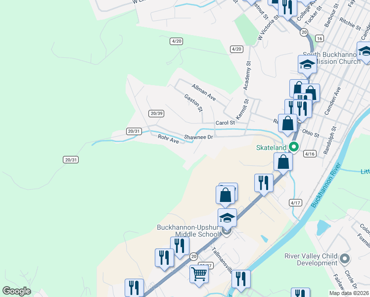map of restaurants, bars, coffee shops, grocery stores, and more near 6 Rohr Avenue in Buckhannon
