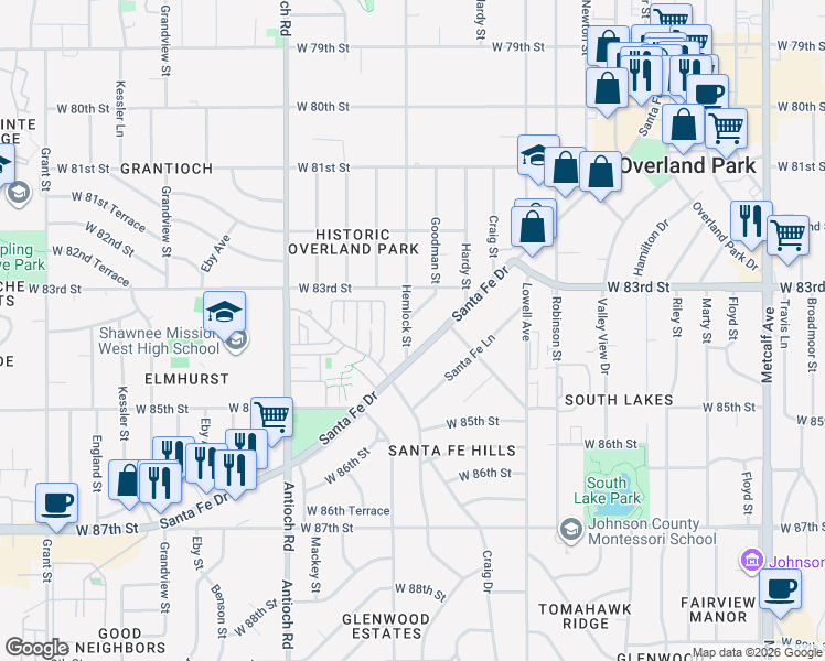 map of restaurants, bars, coffee shops, grocery stores, and more near 8337 Goodman Street in Overland Park