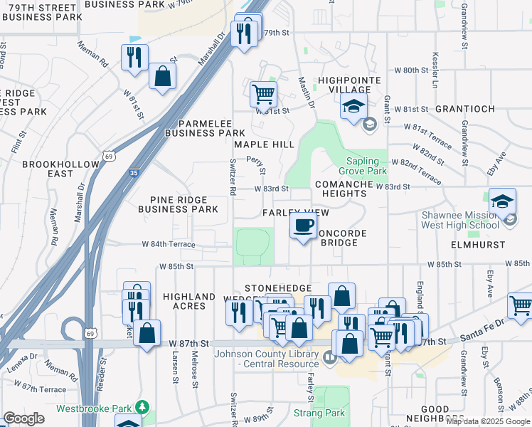 map of restaurants, bars, coffee shops, grocery stores, and more near 10157 West 84th Street in Overland Park