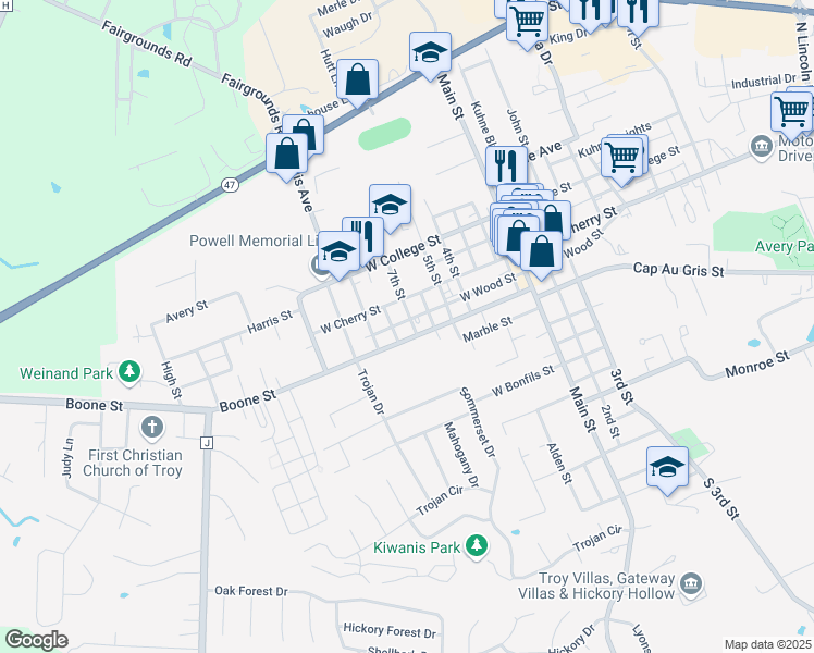 map of restaurants, bars, coffee shops, grocery stores, and more near 740 West Wood Street in Troy
