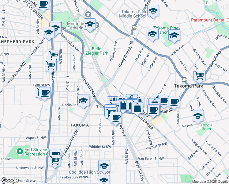 map of restaurants, bars, coffee shops, grocery stores, and more near 7050 Eastern Avenue Northwest in Washington