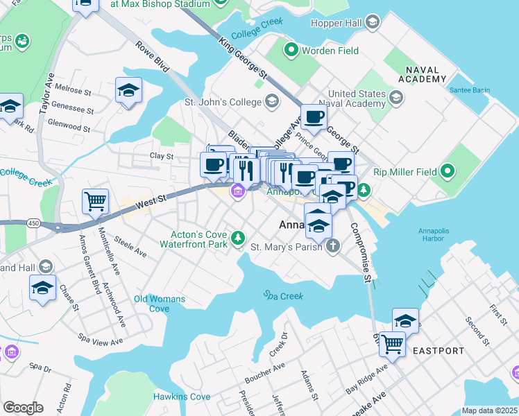 map of restaurants, bars, coffee shops, grocery stores, and more near 8 King Charles Place in Annapolis