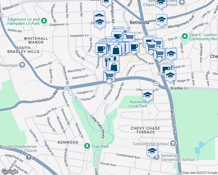 map of restaurants, bars, coffee shops, grocery stores, and more near 5000 Bradley Boulevard in Chevy Chase
