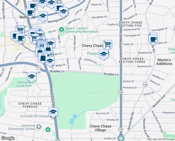 map of restaurants, bars, coffee shops, grocery stores, and more near 4205 Bradley Lane in Chevy Chase