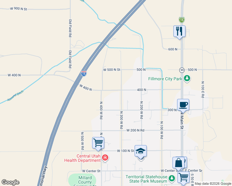 map of restaurants, bars, coffee shops, grocery stores, and more near 325 West 400 South Street in Fillmore