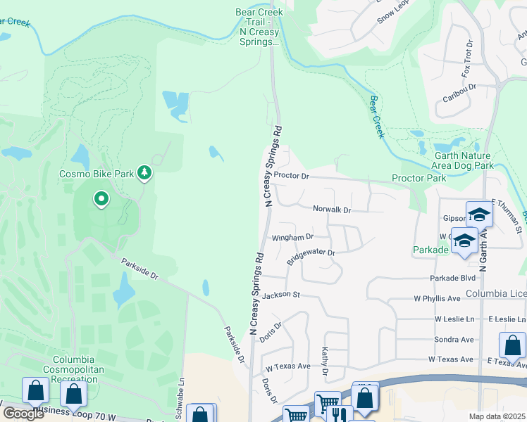 map of restaurants, bars, coffee shops, grocery stores, and more near 2301 North Creasy Springs Road in Columbia