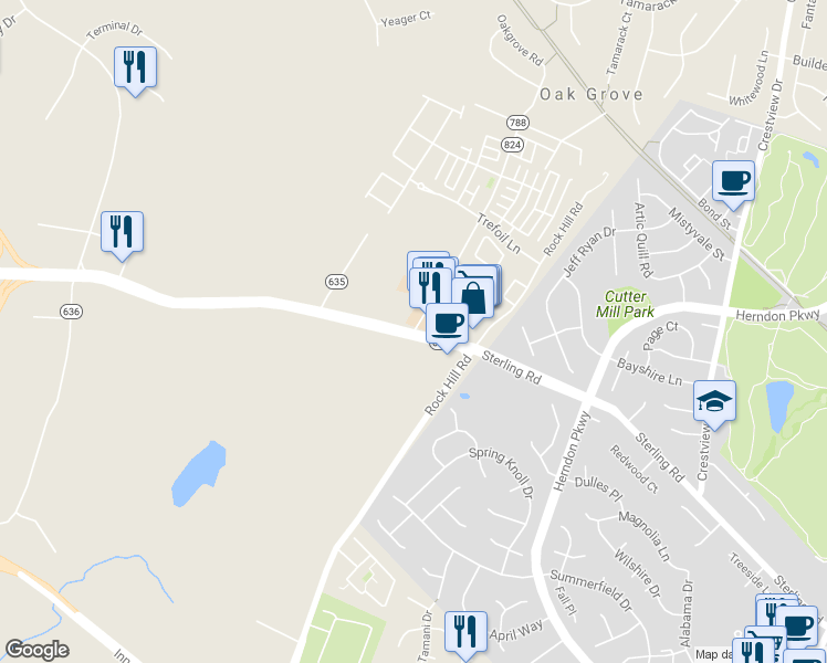 map of restaurants, bars, coffee shops, grocery stores, and more near Old Ox Rd & Oakgrove Rd in Loudoun