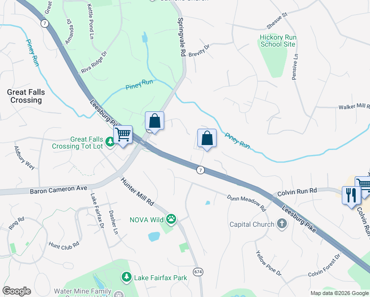 map of restaurants, bars, coffee shops, grocery stores, and more near 10600 Leesburg Pike in Vienna