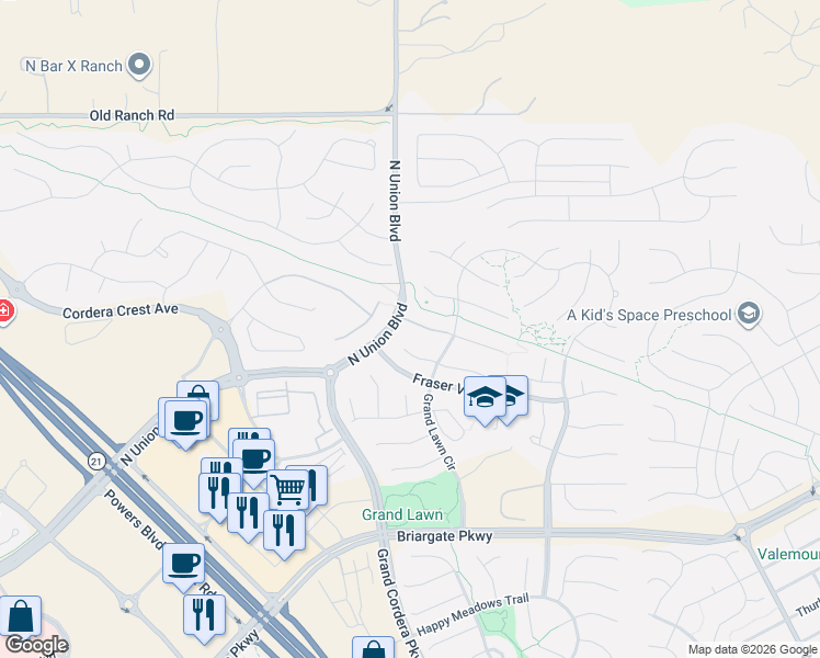 map of restaurants, bars, coffee shops, grocery stores, and more near 4821 Alberta Falls Way in Colorado Springs