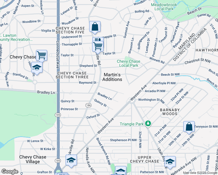 map of restaurants, bars, coffee shops, grocery stores, and more near 3513 Raymond Street in Chevy Chase