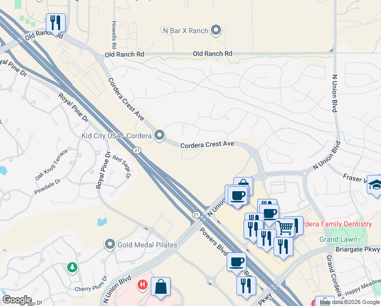 map of restaurants, bars, coffee shops, grocery stores, and more near 10023 Crews Gulch Trail in Colorado Springs