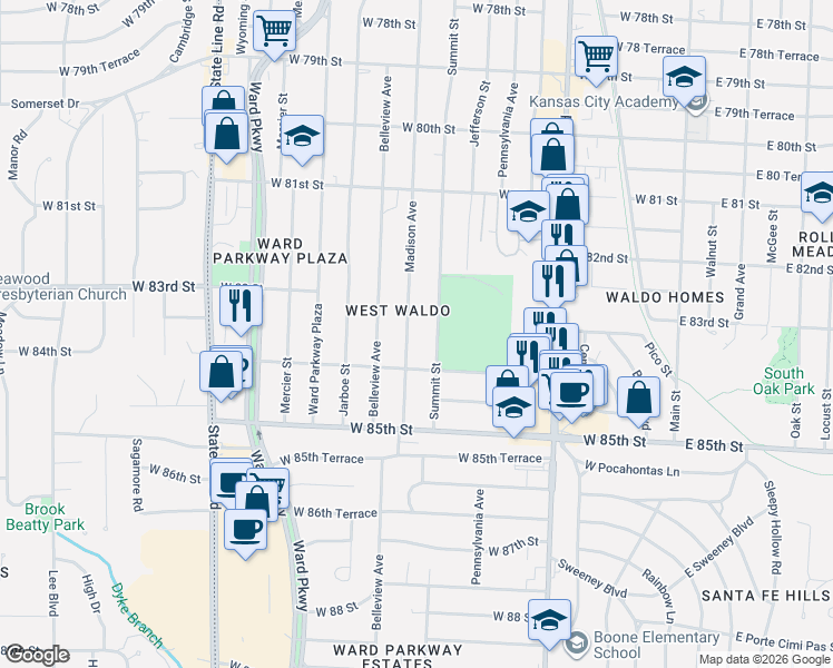 map of restaurants, bars, coffee shops, grocery stores, and more near 8317 Madison Avenue in Kansas City
