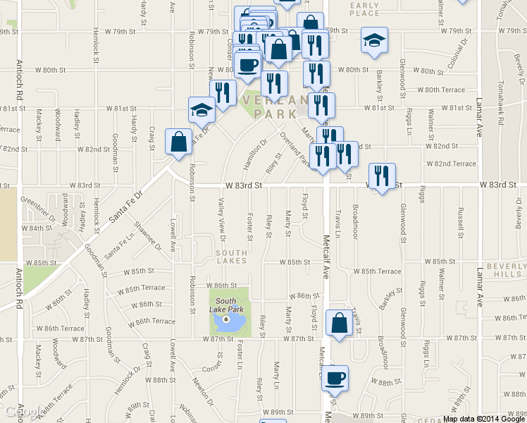 map of restaurants, bars, coffee shops, grocery stores, and more near 8321 Riley Street in Overland Park