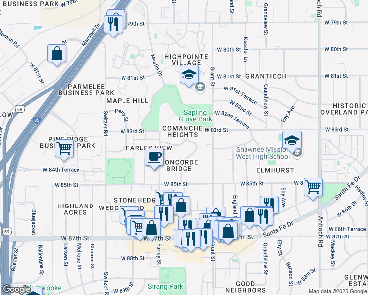 map of restaurants, bars, coffee shops, grocery stores, and more near 9701 West 83rd Terrace in Overland Park