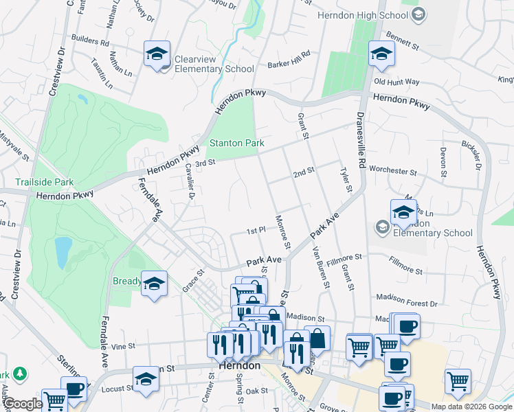 map of restaurants, bars, coffee shops, grocery stores, and more near 1002 Charlton Place in Herndon