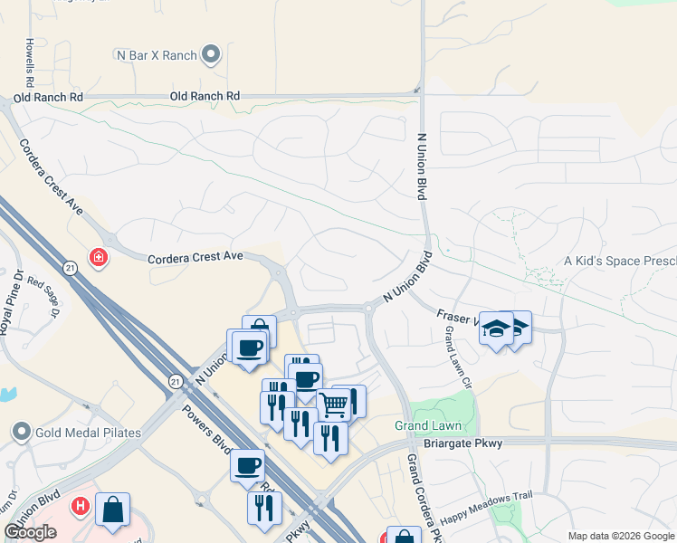 map of restaurants, bars, coffee shops, grocery stores, and more near 4504 Portillo Place in Colorado Springs