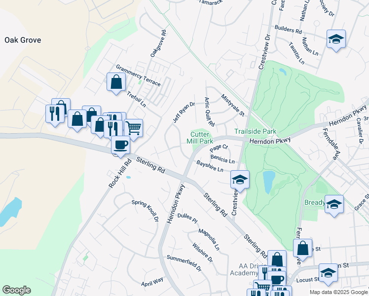 map of restaurants, bars, coffee shops, grocery stores, and more near 1406 Bayshire Lane in Herndon