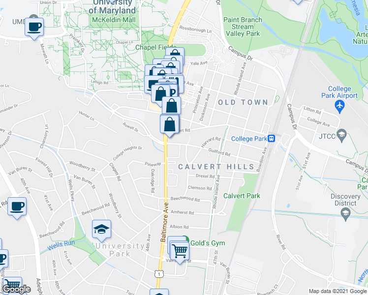 map of restaurants, bars, coffee shops, grocery stores, and more near 7018 Wake Forest Drive in College Park