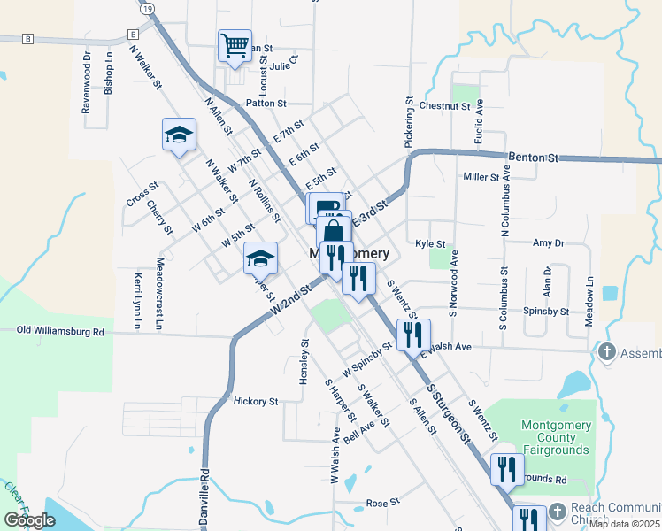 map of restaurants, bars, coffee shops, grocery stores, and more near 115 West 2nd Street in Montgomery City