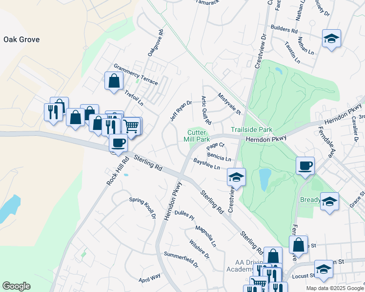map of restaurants, bars, coffee shops, grocery stores, and more near 1406 Bayshire Lane in Herndon