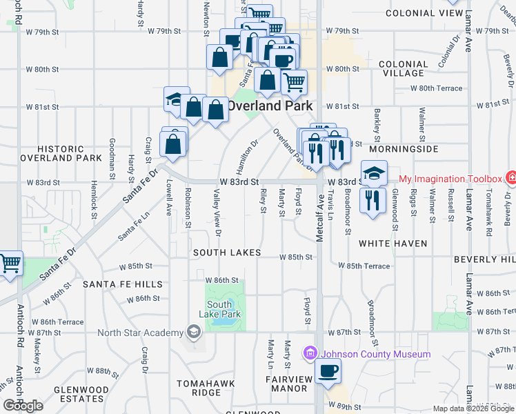 map of restaurants, bars, coffee shops, grocery stores, and more near 8321 Riley Street in Overland Park