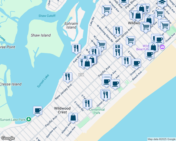 map of restaurants, bars, coffee shops, grocery stores, and more near 6205 New Jersey Avenue in Wildwood Crest