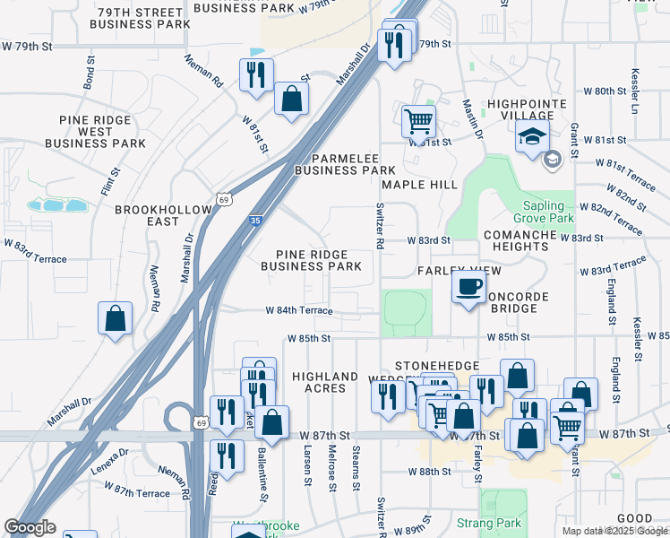 map of restaurants, bars, coffee shops, grocery stores, and more near 8349 Melrose Drive in Lenexa