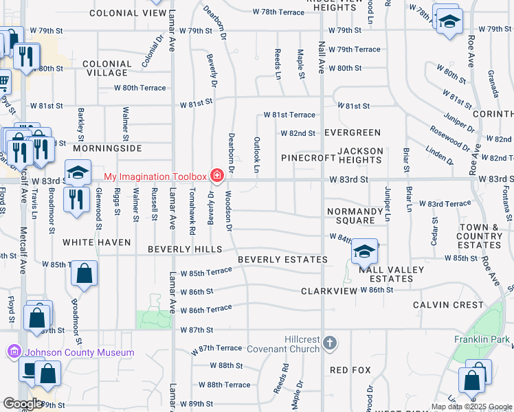 map of restaurants, bars, coffee shops, grocery stores, and more near 5812 West 84th Street in Overland Park