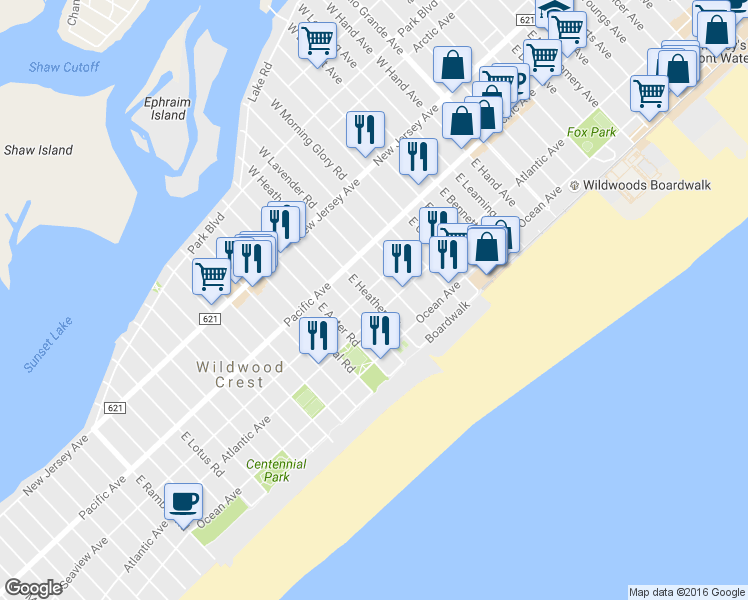map of restaurants, bars, coffee shops, grocery stores, and more near 307 East Heather Road in Wildwood Crest