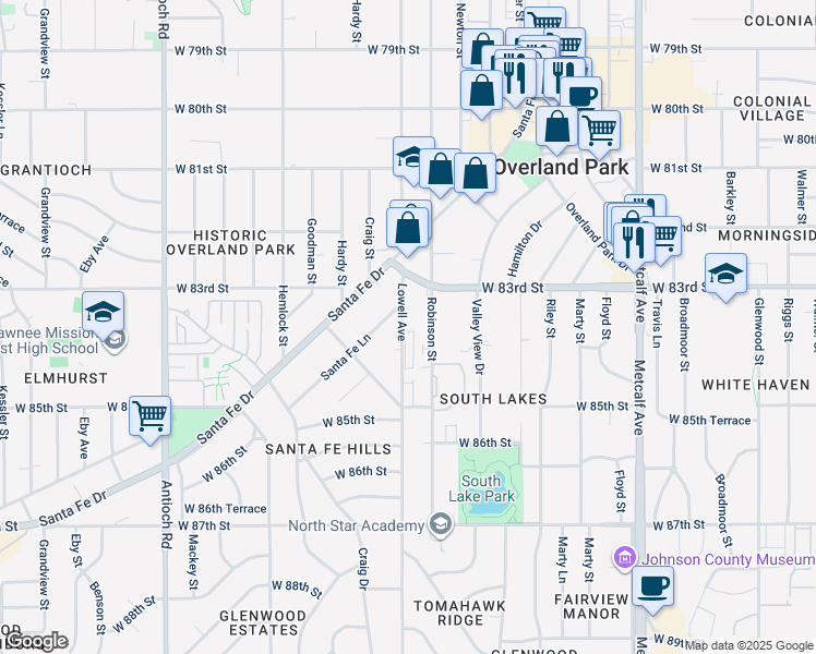 map of restaurants, bars, coffee shops, grocery stores, and more near 8327 Lowell Avenue in Overland Park