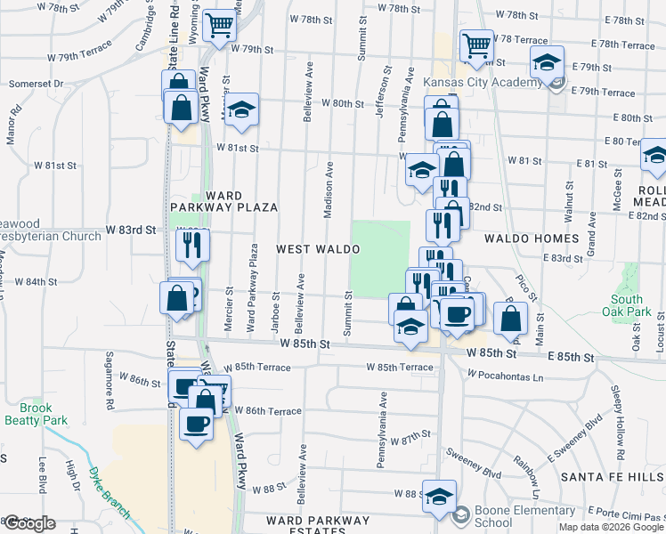 map of restaurants, bars, coffee shops, grocery stores, and more near 8317 Madison Avenue in Kansas City