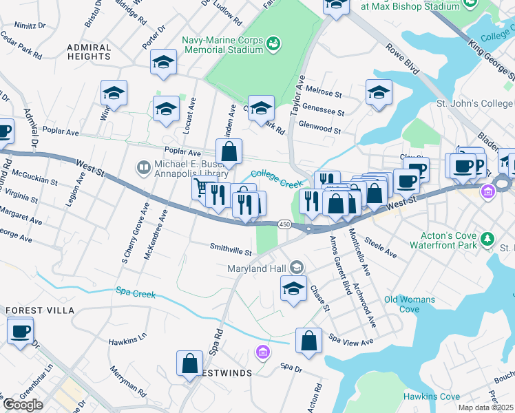 map of restaurants, bars, coffee shops, grocery stores, and more near 17 Brewer Avenue in Annapolis