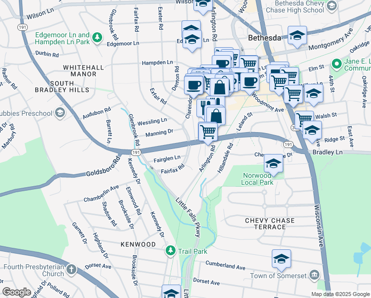 map of restaurants, bars, coffee shops, grocery stores, and more near 5100 Fairfax Road in Chevy Chase