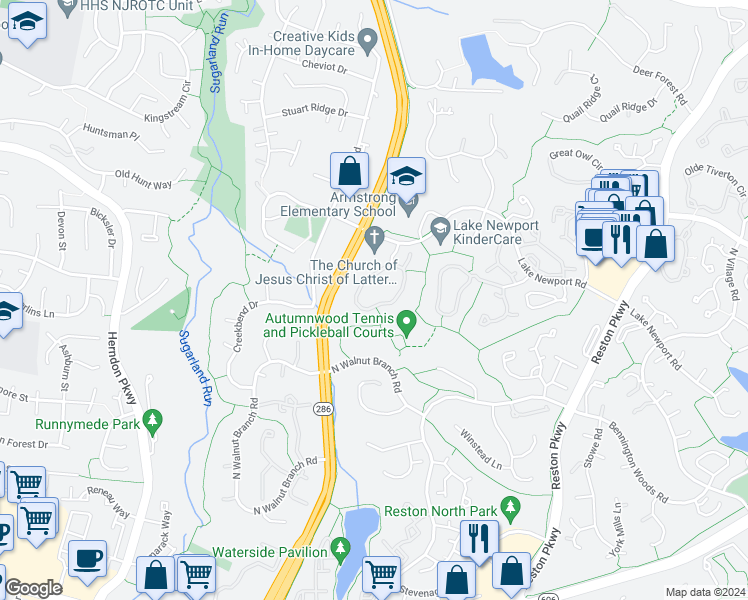 map of restaurants, bars, coffee shops, grocery stores, and more near 1581 Poplar Grove Drive in Reston