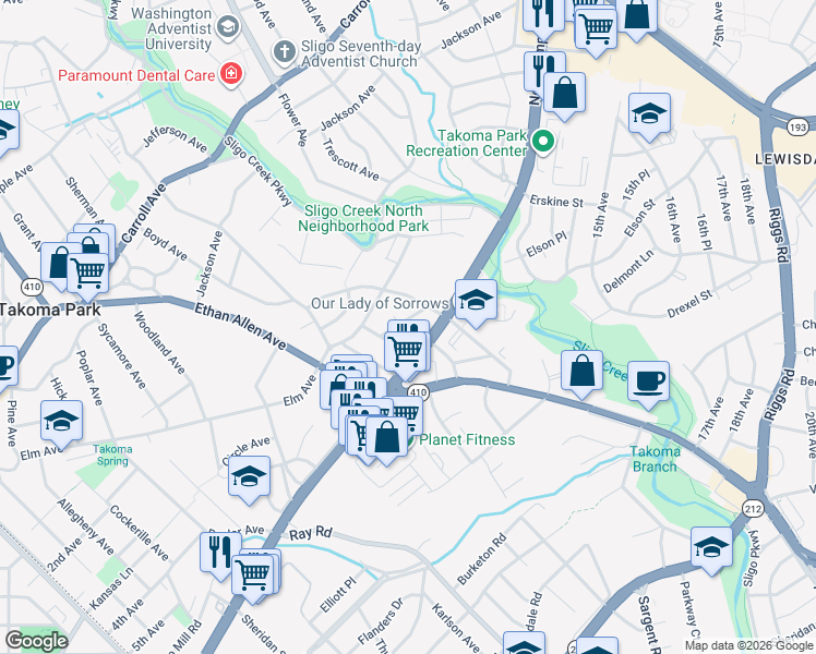 map of restaurants, bars, coffee shops, grocery stores, and more near 907 Glaizewood Avenue in Takoma Park