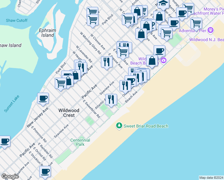 map of restaurants, bars, coffee shops, grocery stores, and more near 5706 Atlantic Avenue in Wildwood Crest