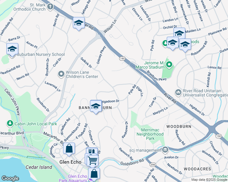 map of restaurants, bars, coffee shops, grocery stores, and more near 9739 Brigadoon Drive in Bethesda