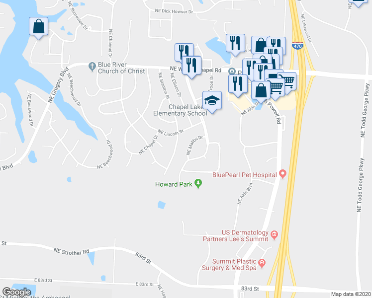 map of restaurants, bars, coffee shops, grocery stores, and more near 516 Northeast Malibu Drive in Lee's Summit